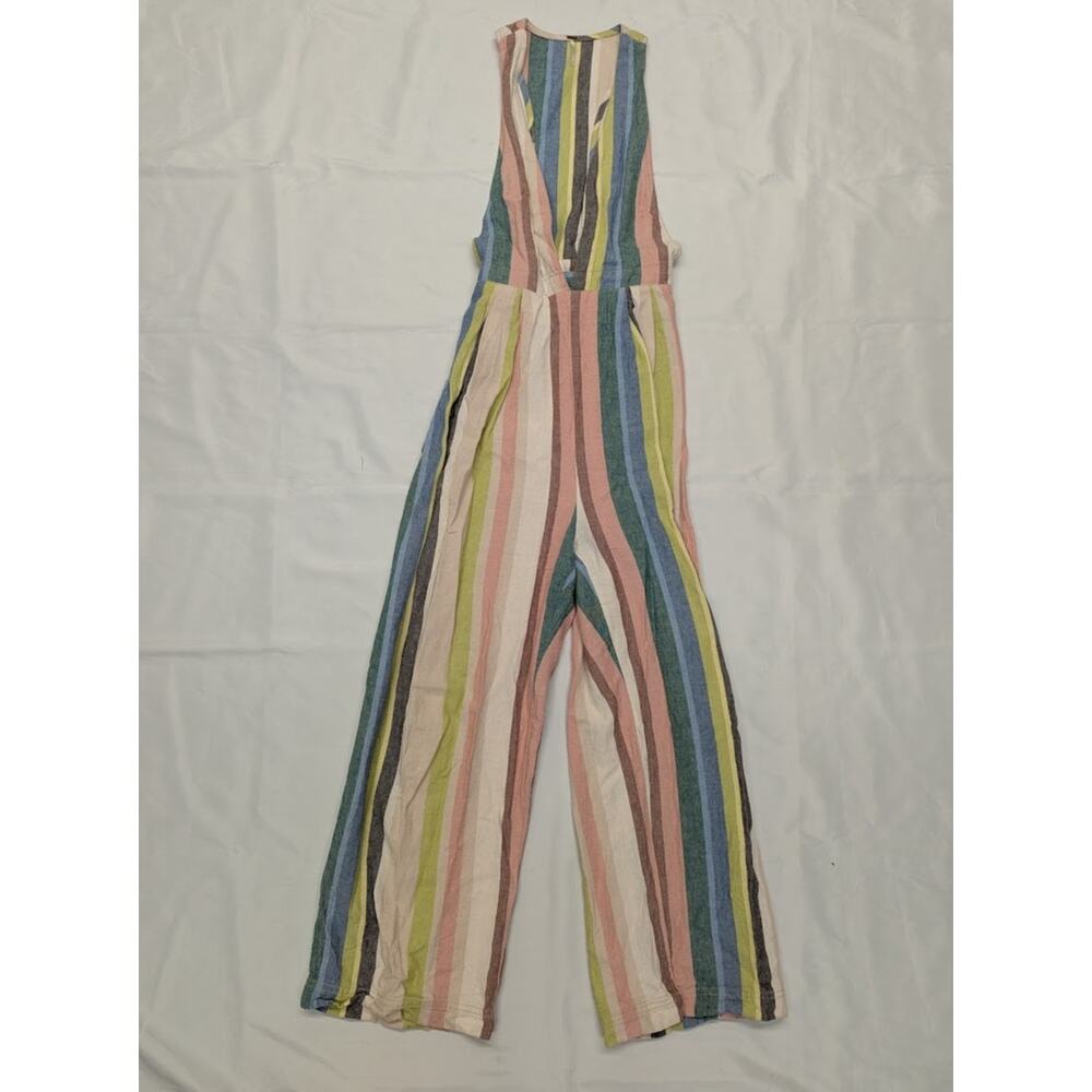 Free People Jumpsuit Womens 2 Multicolor Striped Linen Rayon Wide Leg Belted